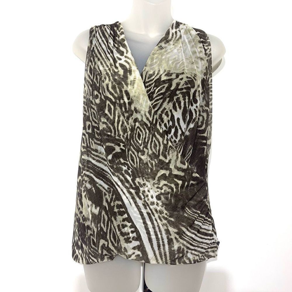 SOLO MODA safari animal print surplice ruched faux wrap sleeveless top medium